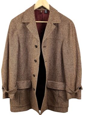 Zara Men Herringbone Brown Tweed Overcoat Jacket Blazer Size 38 Wool Silk Blend